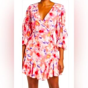 BETSEY JOHNSON SUNSET FLORAL RUFFLE TRIM DRESS
